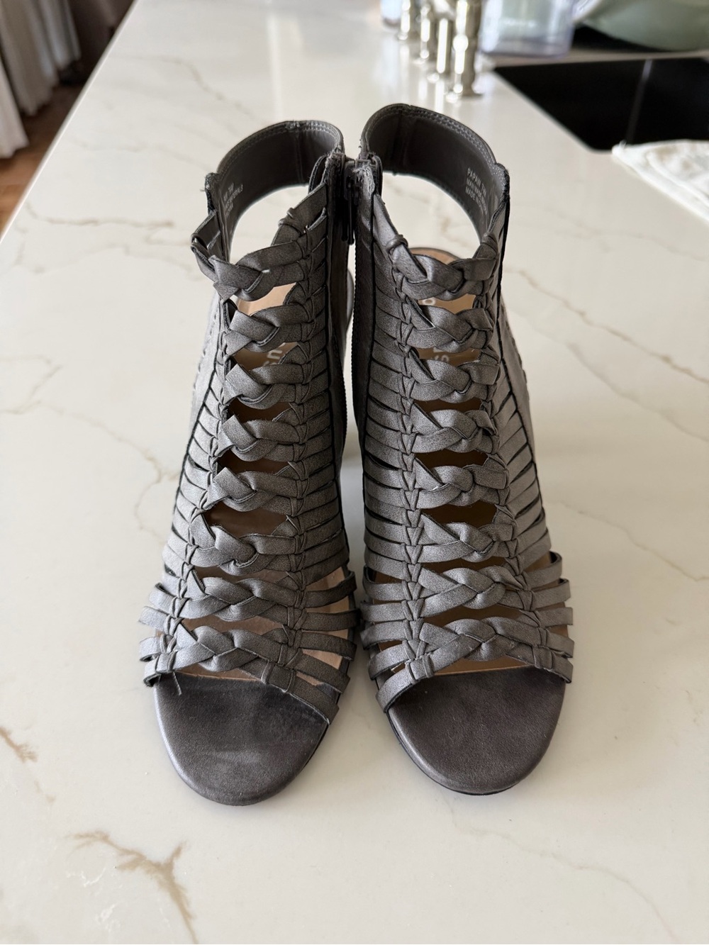 Dollhouse Gray Woven Strappy Open-Toe Heels
